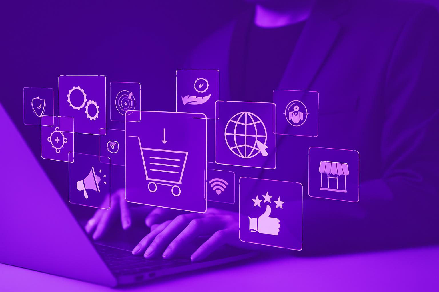 Giao diện ảo với các biểu tượng của một công ty digital marketing và thương mại điện tử nổi trên máy tính xách tay.