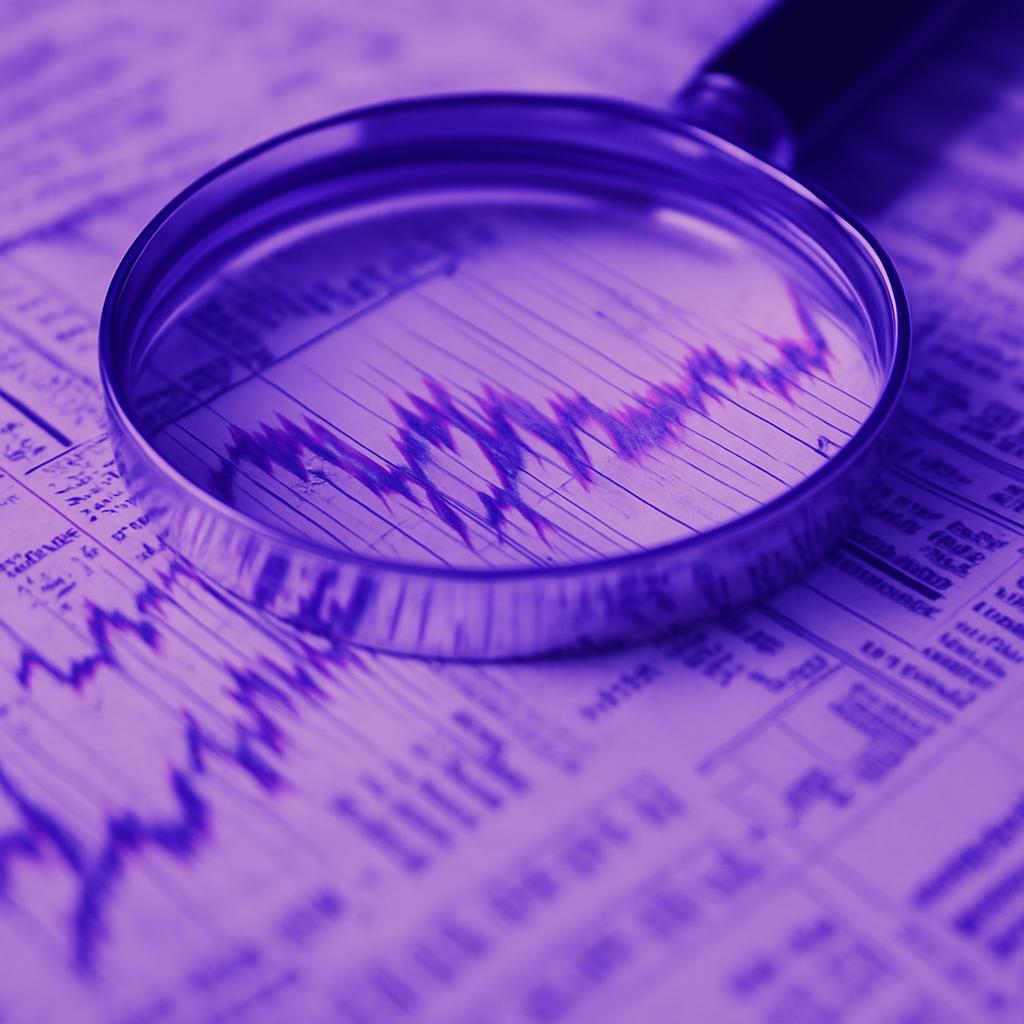 Kính lúp đặt trên biểu đồ tài chính với chi tiết rõ ràng.