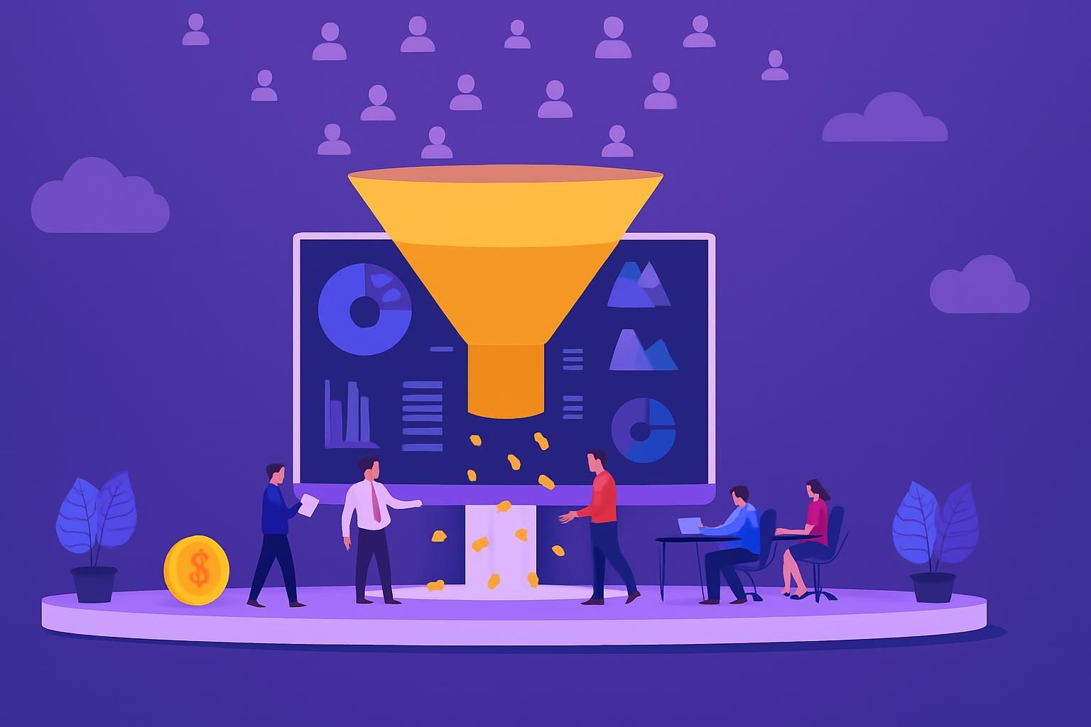 Hình minh họa phễu marketing chuyển đổi khách hàng tiềm năng thành doanh thu, được hỗ trợ bởi các công cụ phân tích dữ liệu.