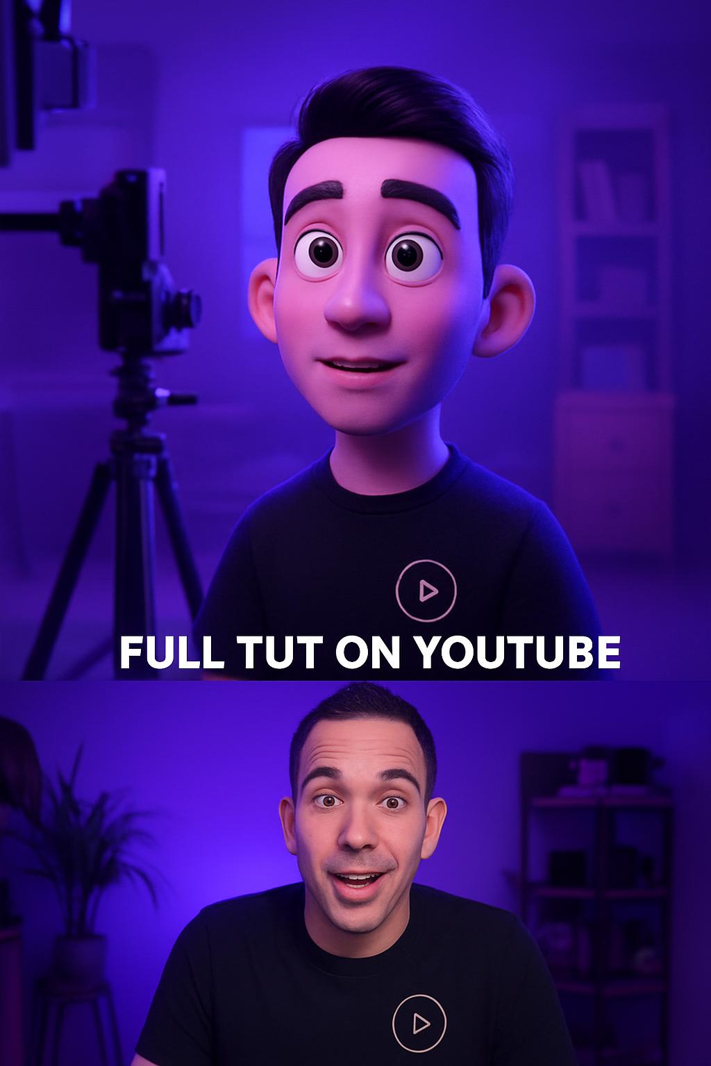 Tạo Avatar 3D cho Chiến Dịch Marketing Hình ảnh so sánh một người thật và phiên bản avatar 3D hoạt hình của anh ấy, mặc áo thun đen có logo nút play.