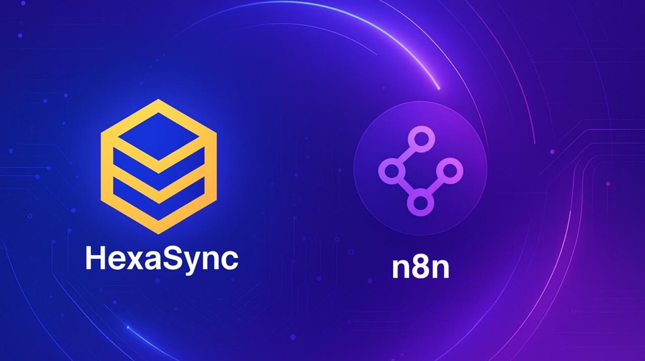 Giải Pháp Máy Chủ Nhanh Cho n8n Logo HexaSync hình lục giác màu vàng và logo n8n biểu tượng các nút kết nối, đại diện cho máy chủ nhanh cho n8n.