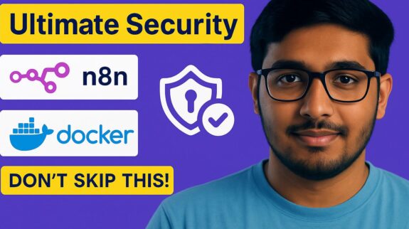 Thumbnail về bảo mật dữ liệu máy chủ n8n, bao gồm logo n8n, docker và biểu tượng khiên bảo mật.