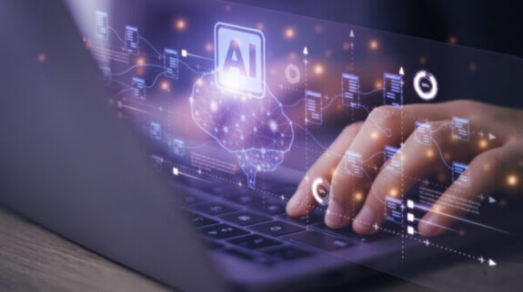 Mô phỏng đồ họa của giải pháp workflow n8n với biểu tượng AI và mạng lưới nơ-ron thần kinh trên màn hình máy tính xách tay.
