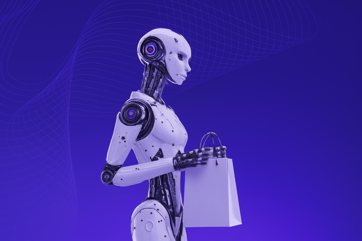 Robot AI và Công Nghệ Tự Động Hóa Marketing Một robot hình người có thiết kế hiện đại đang cầm một chiếc túi mua sắm, minh họa cho công nghệ tự động hóa marketing.