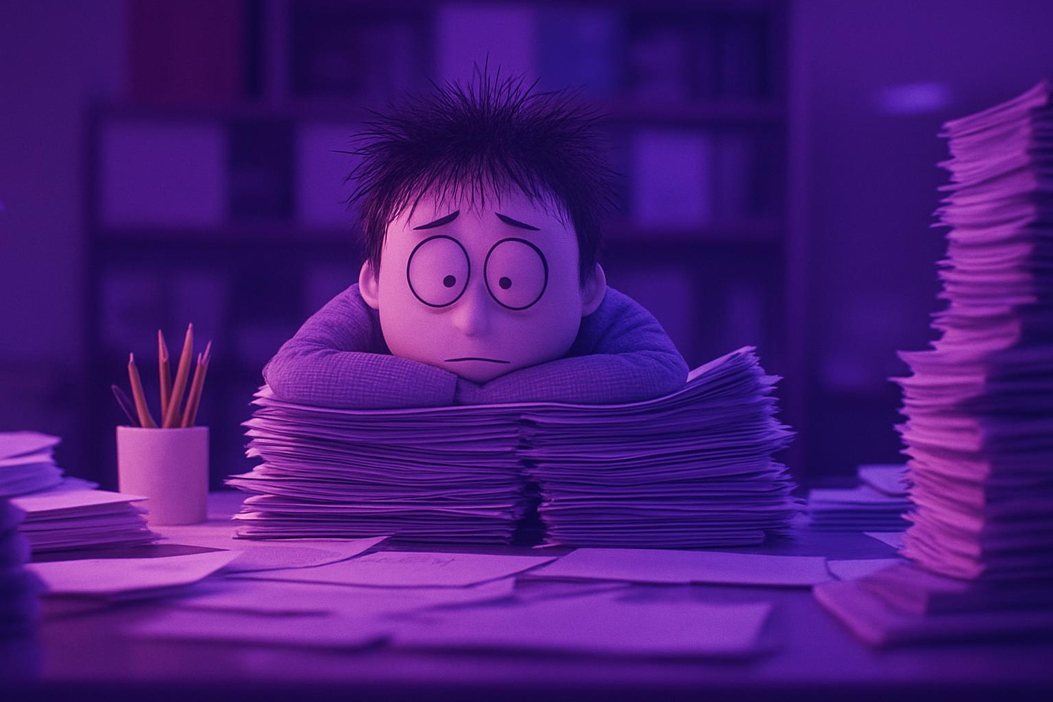 Nhân vật hoạt hình mệt mỏi, gục đầu trên chồng giấy tờ cao ngất, minh họa cho sự quá tải của quy trình thủ công.