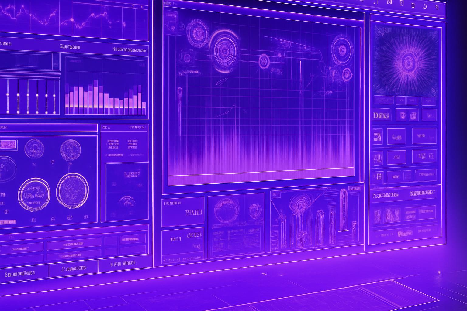 Bảng Điều Khiển Tự Động Hóa Quy Trình Giao diện kỹ thuật số tương lai với các bảng điều khiển, biểu đồ và sơ đồ hiển thị dữ liệu phân tích phức tạp.