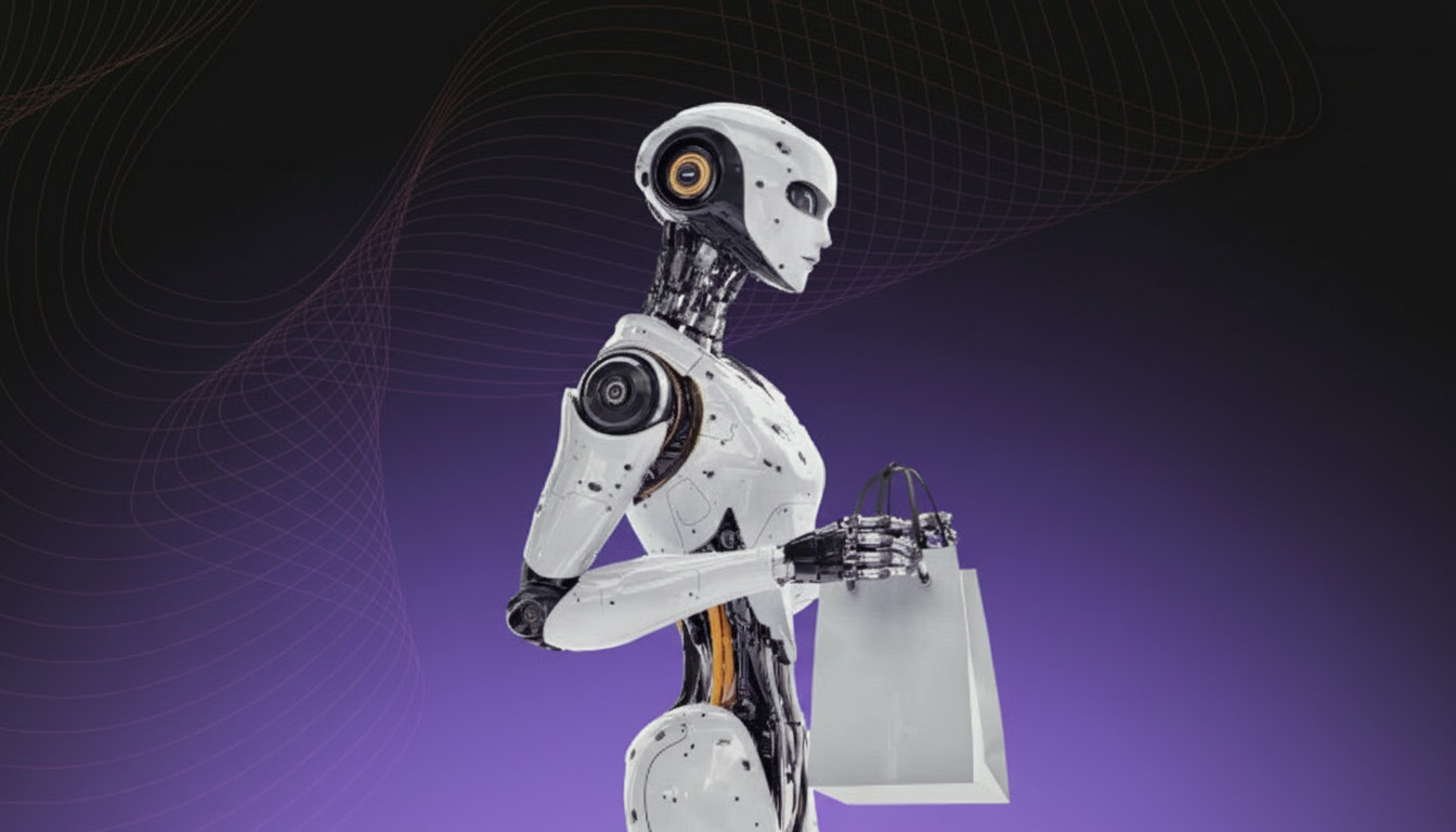 Robot AI và Tự Động Hóa Email Marketing Một robot hình người màu trắng bóng bẩy đang cầm một chiếc túi mua sắm, tượng trưng cho tự động hóa.