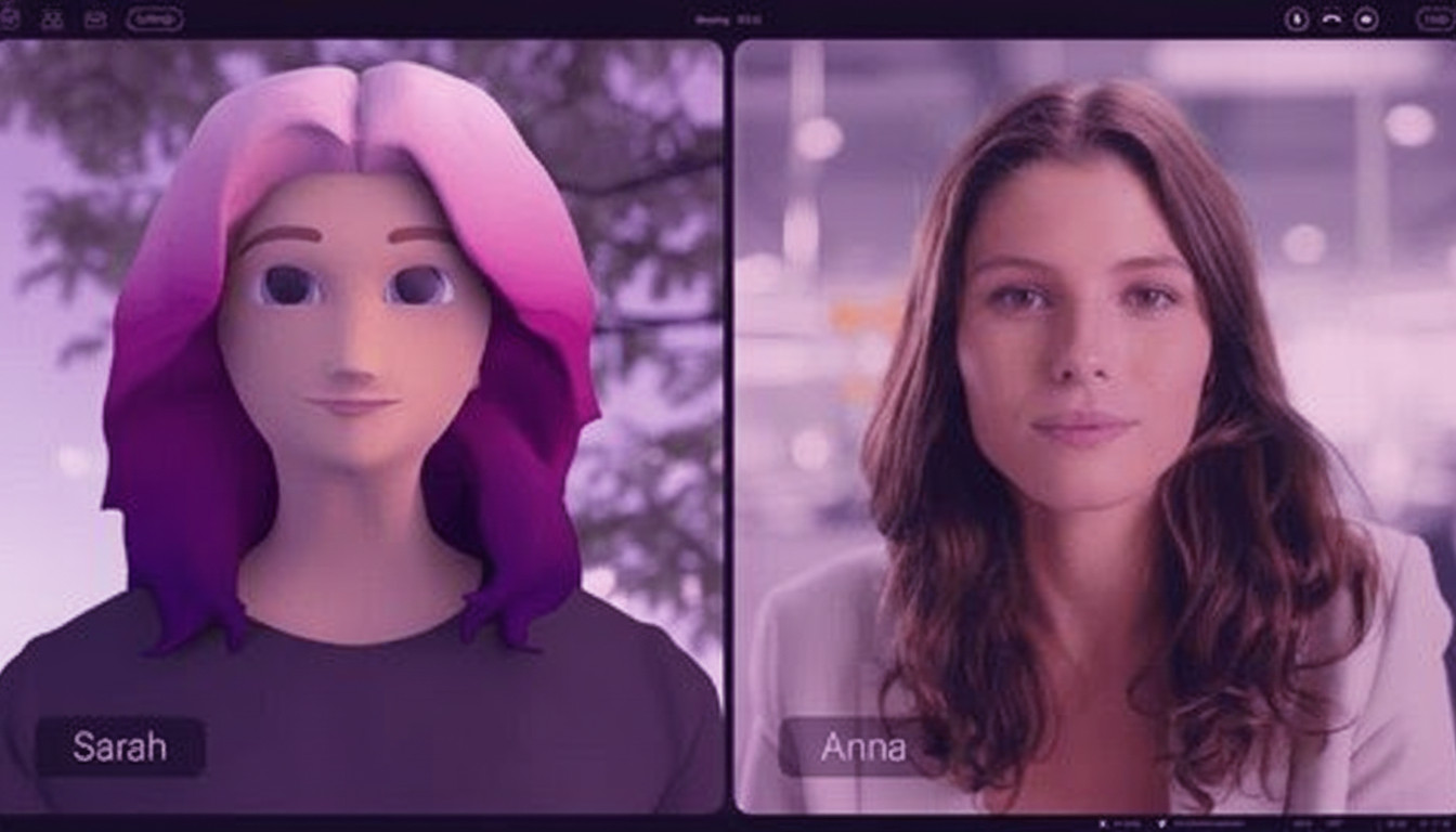 Giao diện cuộc gọi video giữa avatar Sarah và người dùng Anna, thể hiện một giải pháp workflow n8n trong dịch vụ khách hàng.