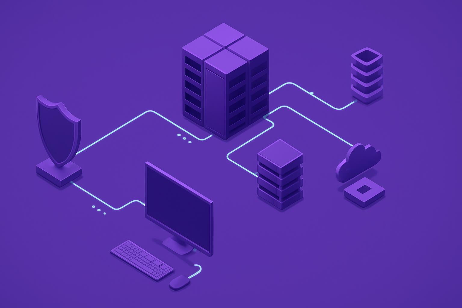 Sơ đồ kiến trúc isometric của dịch vụ máy chủ n8n, bao gồm máy chủ, máy tính, đám mây và biểu tượng bảo mật.