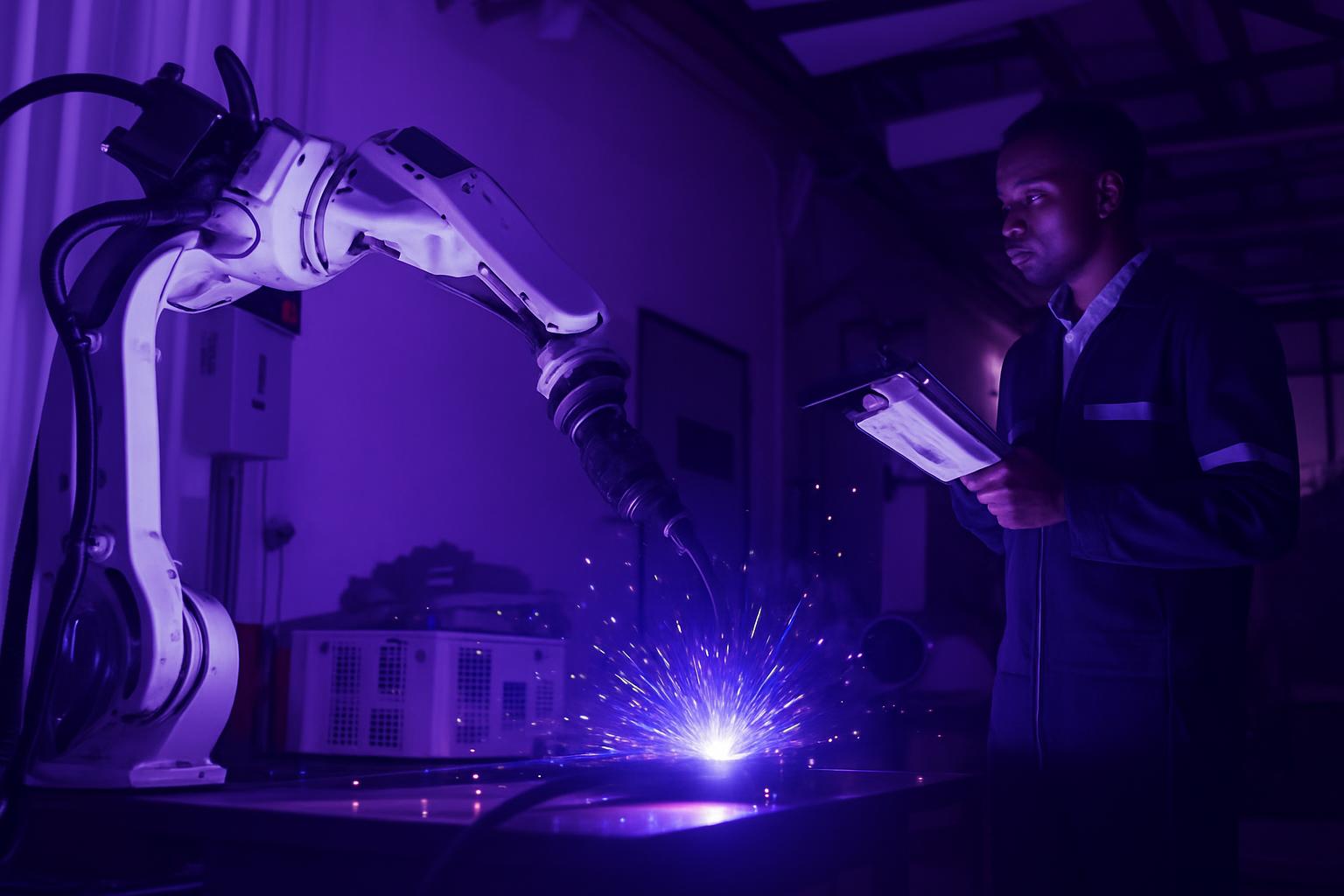 Tự động hóa chăm sóc khách hàng bằng Robot Một kỹ sư đang giám sát một cánh tay robot công nghiệp trong quá trình hoạt động.