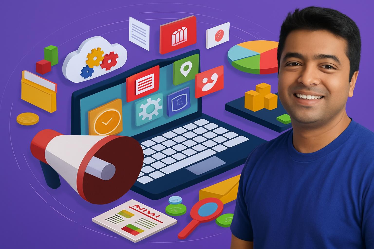 Chuyên gia bên cạnh các biểu tượng về tối ưu chiến dịch tự động hóa marketing như laptop, biểu đồ và đám mây.
