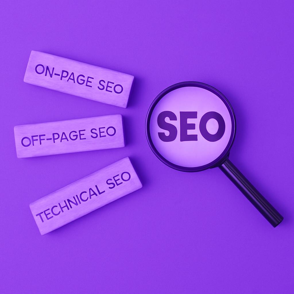 Kính lúp phóng to chữ SEO bên cạnh ba khối gỗ hình chữ nhật ghi các thuật ngữ On-page, Off-page và Technical SEO.