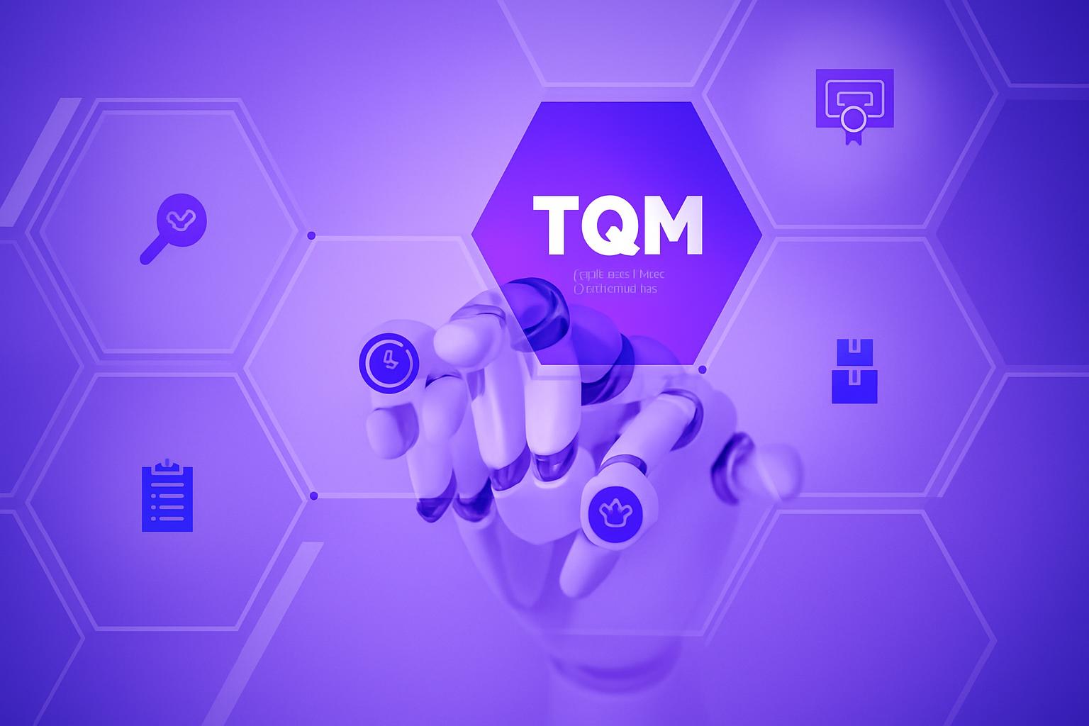 Bàn tay robot tương tác với giao diện kỹ thuật số TQM, minh họa cho việc tối ưu hóa quy trình dịch vụ bằng công nghệ.