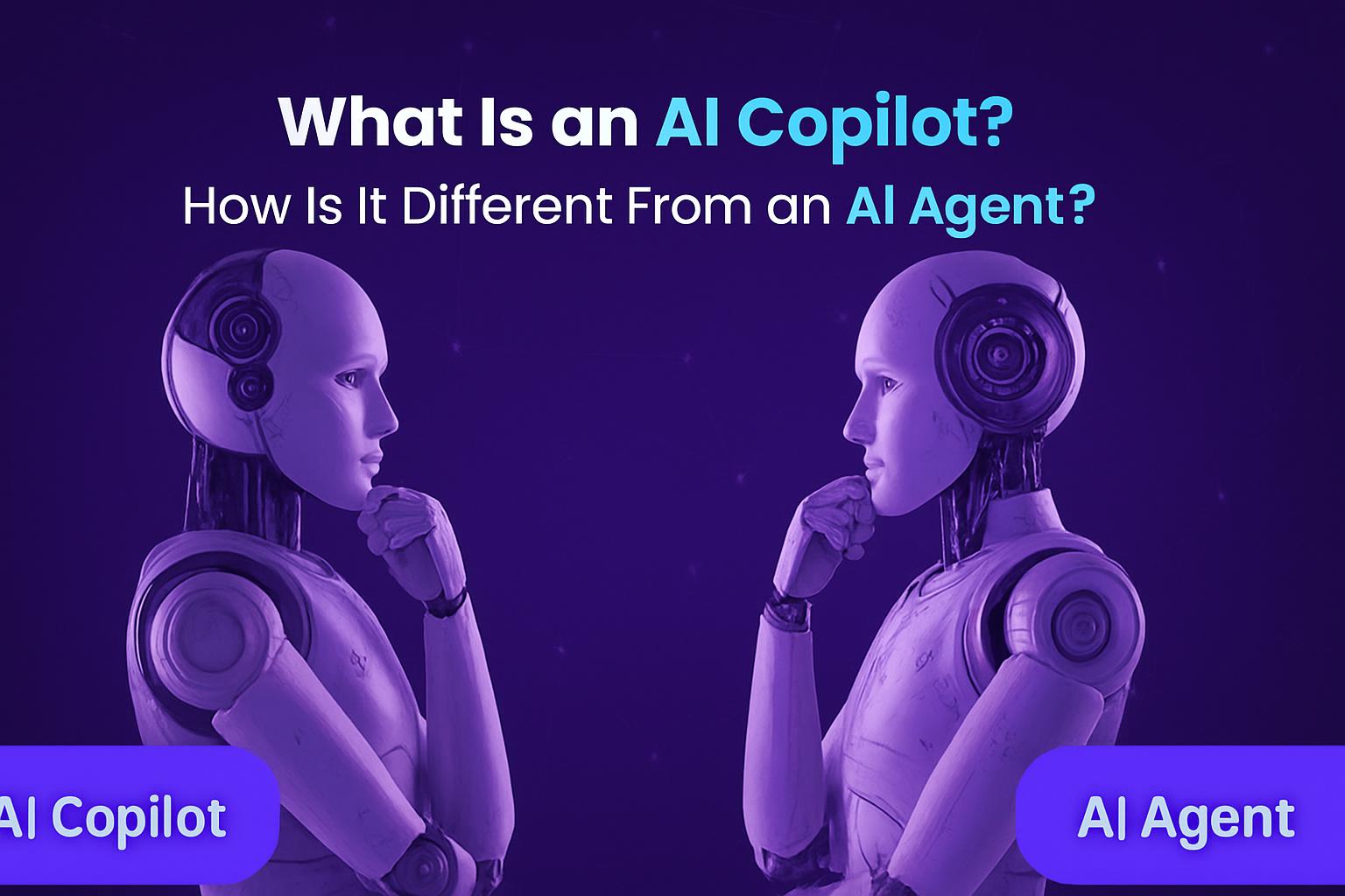 Hai robot hình người với các chi tiết cơ khí tinh xảo, đang đối mặt và suy tư, tượng trưng cho trí tuệ nhân tạo.
