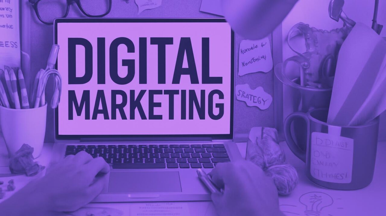 Máy tính xách tay hiển thị dòng chữ 'DIGITAL MARKETING' trên bàn làm việc của một công ty digital marketing.